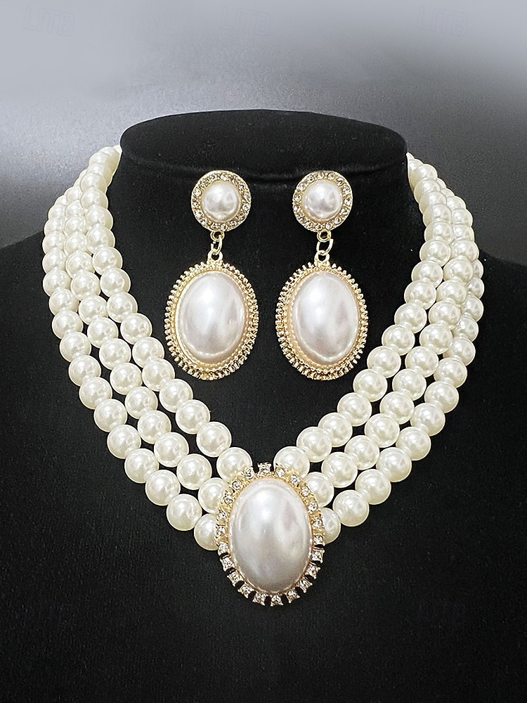 Женский комплект из ожерелья и сережек из искусственного жемчуга, винтажное элегантное многослойное колье-чокер с овальным кулоном, классические свадебные украшения для свадьбы, вечерних вечеринок и торжественных мероприятий. 2026 - $11.99 –P7
