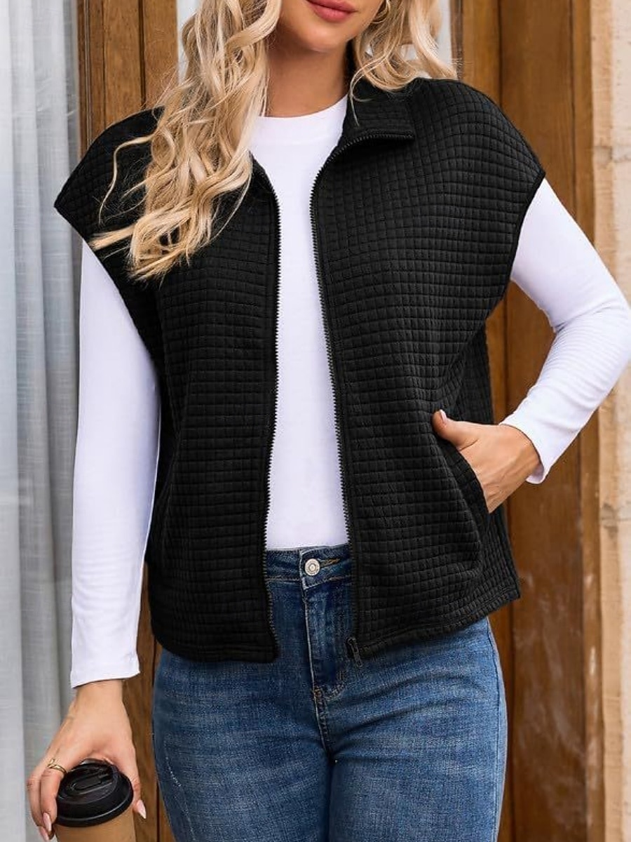 Women's Casual Jacket Comfortable Breathable Zipper Pocket Buttons Casual Plain Casual Vacation Street Daily Wear Zipper Regular Turndown Regular Fit Short Sleeves Outerwear Black White Brown Spring 2026 - QAR 109.79 –P9