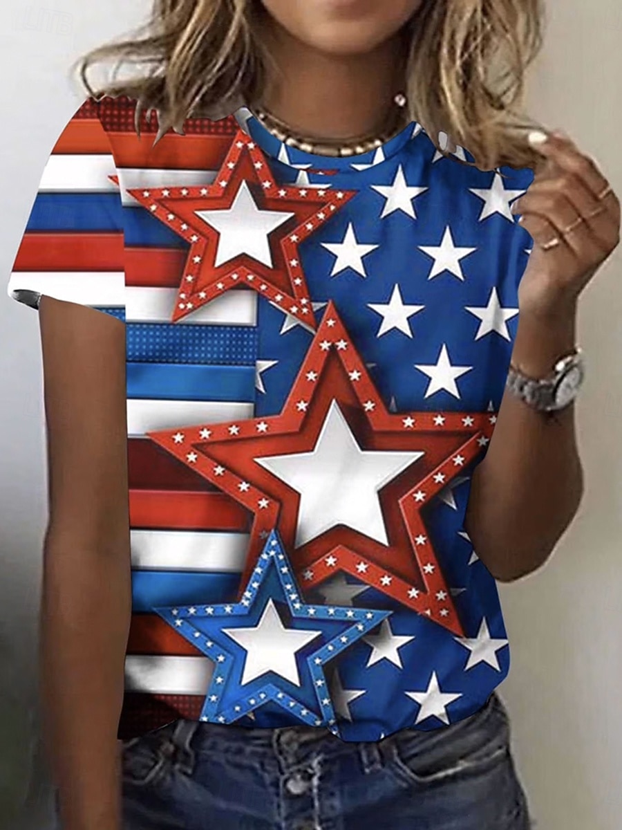 Amerikansk uavhengighetsdag Dame T skjorte Trykt mønster Grafisk Flagg Amerikansk flagg Stilfull Klassisk Fritid Kortermet Crew-hals Rund hals Vanlige topper Daglig Hvit Rød Rød / Blå Sommer Vår 2026 - $22.99 –P2