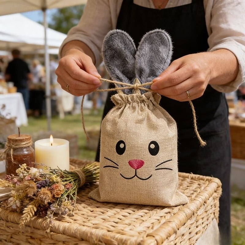 5/10 Pcs Easter Linen Drawstring Gift Bag, Burlap Bags with Fluffy Bunny Ears, Perfect for Holding Easter Eggs, Cookies, Chocolates, Bunny Party Favor Bags, Easter Candy Egg Hunt for Kids 2026 - $23.99 –P5