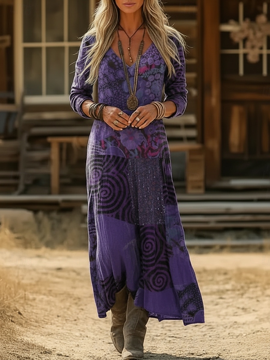 Dam Maxiklänning Boho-klänning Vintage klänning Vardagsklänning Vintage Dagligen Utomhus Semester Normal Blommig Långärmad V-hals Svart Armégrön Marinblå Purpur Vår Höst 2026 - $37.99 –P2