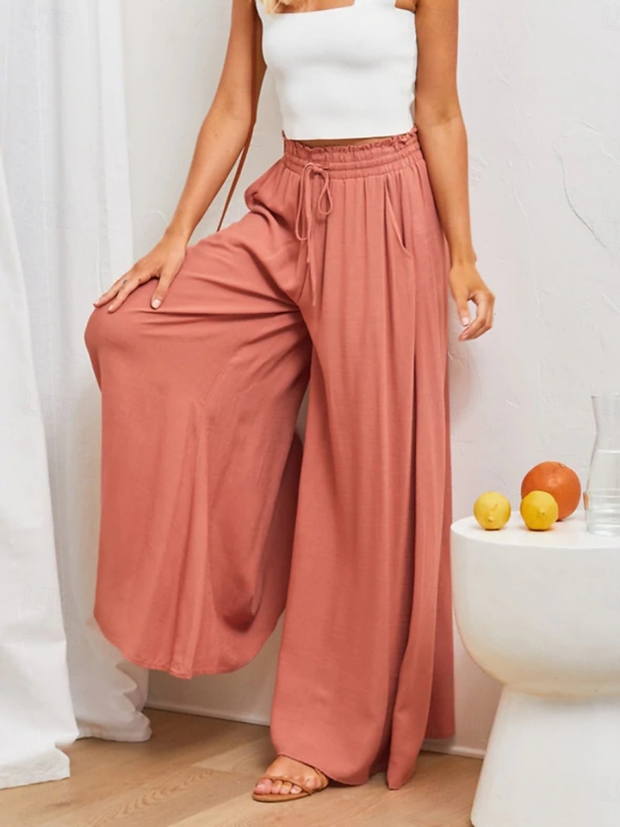 Damen Weites Bein Chinos Urlaub Mode Streetwear Volle Länge Hohe Taille Einfach Tasche Elastischer Bund Bequem Komfort Weich Dehnbar Outdoor Straße Schwarz Weiß Dunkelgrün Orange Sommer Frühling 2026 - $29.99 –P1