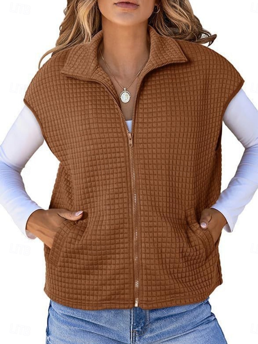 Women's Casual Jacket Comfortable Breathable Zipper Pocket Buttons Casual Plain Casual Vacation Street Daily Wear Zipper Regular Turndown Regular Fit Short Sleeves Outerwear Black White Brown Spring 2026 - QAR 109.79 –P4