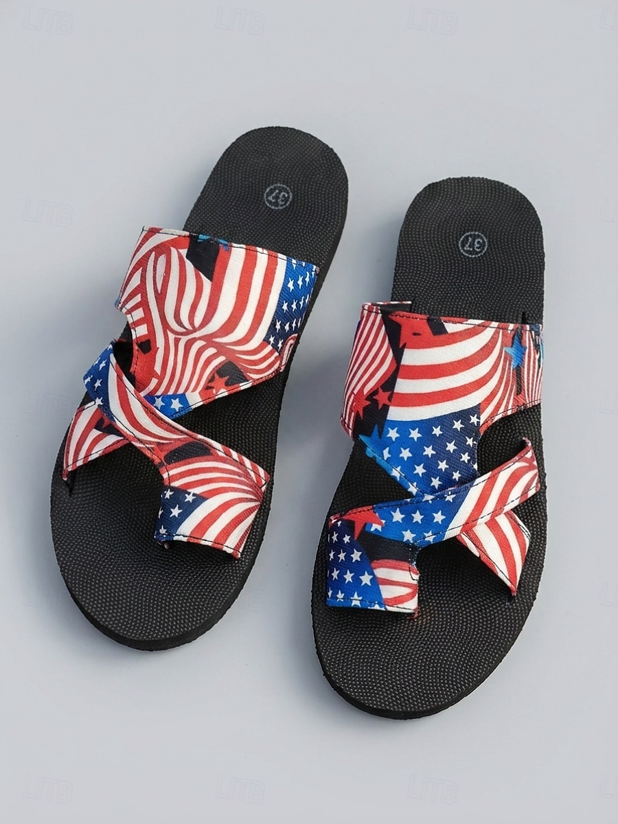 Leichte, patriotische Damen-Sandalen mit gekreuzten Riemen und US-Flaggenprint – ideal für den Unabhängigkeitstag, das 250-jährige Jubiläum und lässige Streetwear. 2026 - $19.99 –P1