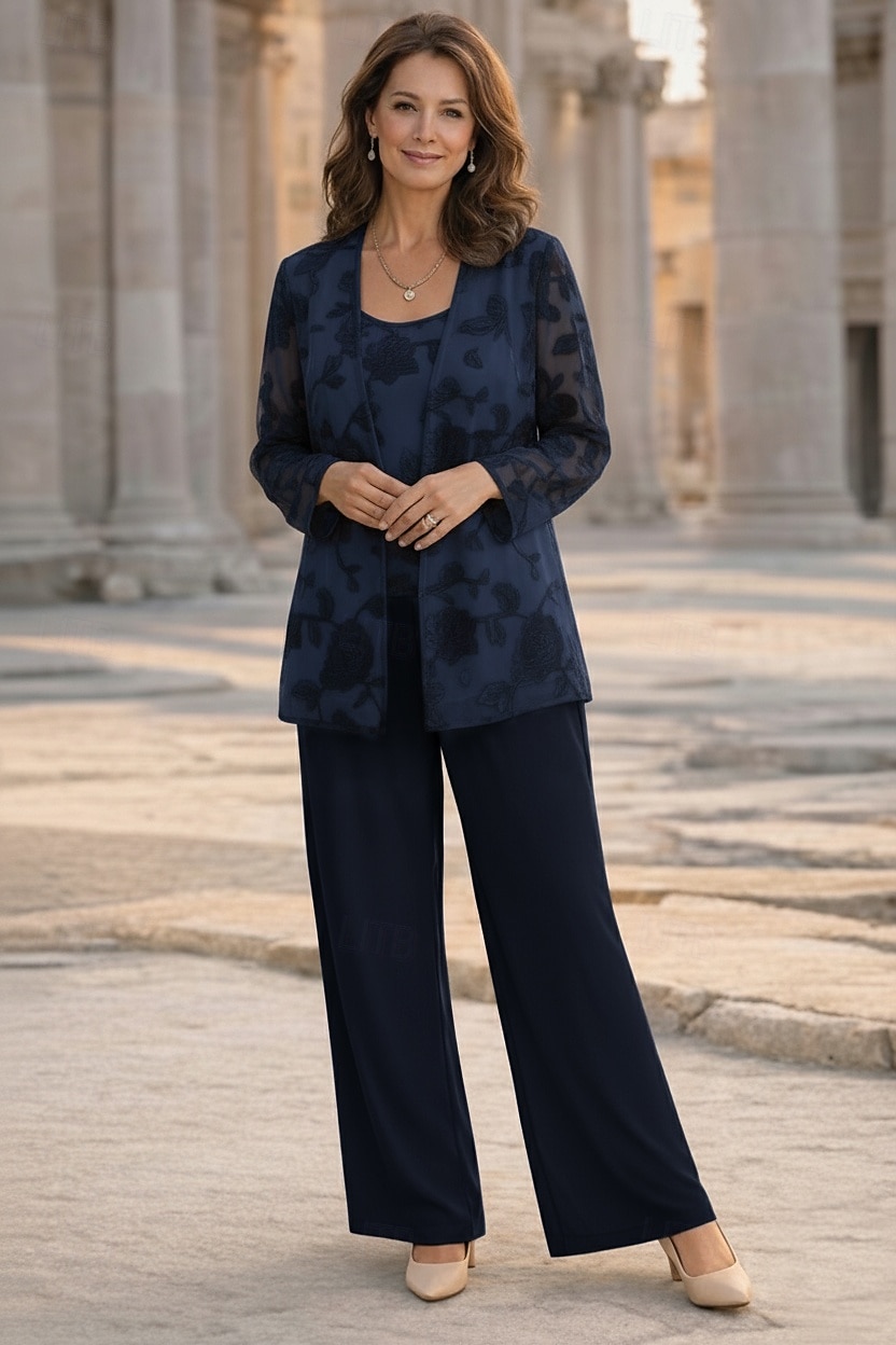 Dreiteilig Hosenanzug Bodenlang Brautmutterkleid Langarm U-Boot-Ausschnitt Elegant Minimalistisch Formell Hochzeitsgast Ferien Chiffon Mit Schal mit Blume 2026 - CHF127.07 –P5