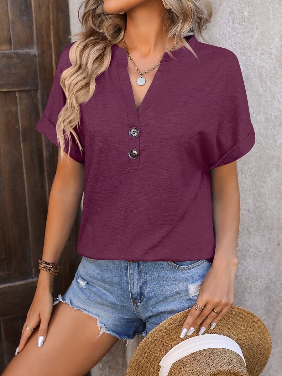 Women's T Shirt Tee Top Buttons Plain Fashion Stylish Classic Short Sleeve V Neck Regular Tops Daily Going out Weekend Black Pink Sky Blue Fuchsia Green Summer Spring 2026 - $21.99 –P4