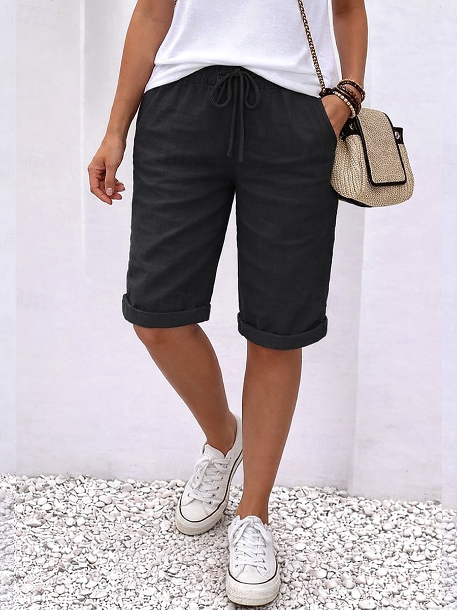 Dames Katoenen linnen shorts Capri broeken Vrijetijdsbroek Zomer korte broeken Vakantie Basic Knielengte Medium Taille Effen Comfortabel Inelastisch Donker Grijs Zwart Wit Oranje Zomer Lente 2026 - $21.99 –P6