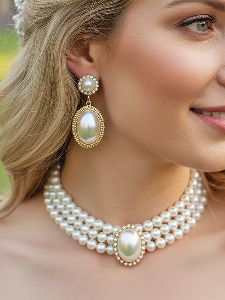 Женский комплект из ожерелья и сережек из искусственного жемчуга, винтажное элегантное многослойное колье-чокер с овальным кулоном, классические свадебные украшения для свадьбы, вечерних вечеринок и торжественных мероприятий. 2026 - $11.99 –P3