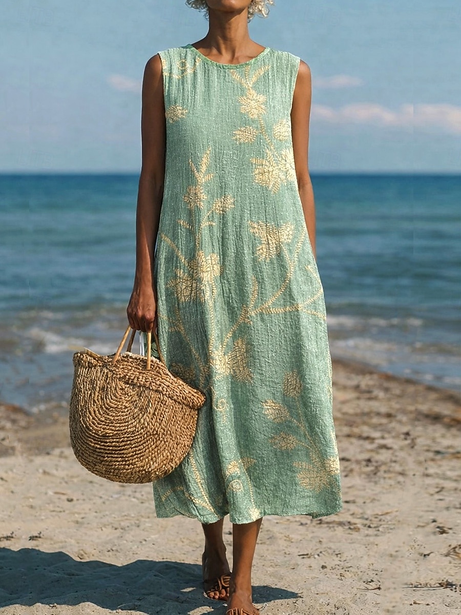 Women's Midi Dress Shift Dress Sundress A Line Dress Vacation Casual Boho Beach Party Going out Loose Fit Floral Graphic Sleeveless Crewneck Light Yellow Deep Green Gray Green Orange red Summer Spring 2026 - $37.99 –P2