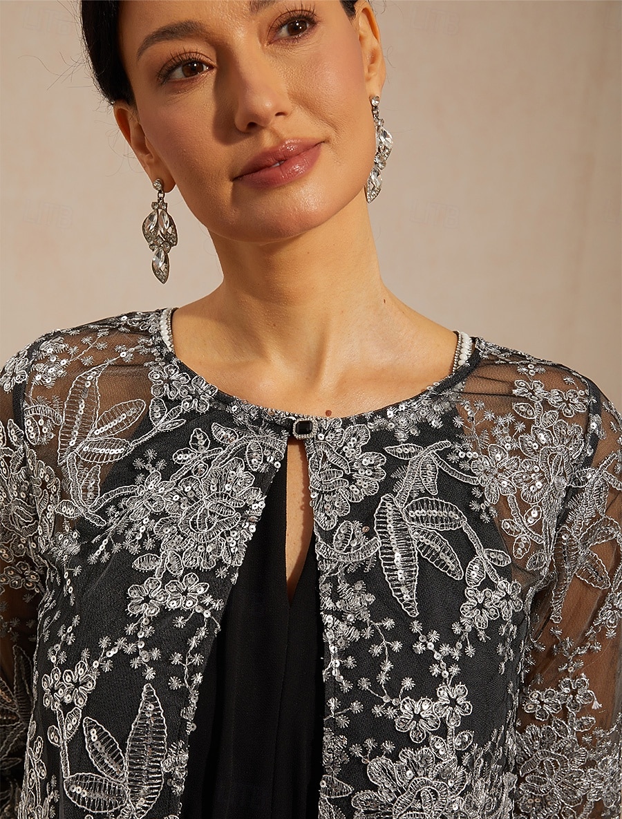 Women's Bolero Jacket Lace up Sequins Embroidered Floral Elegant 3/4 Length Sleeve Crew Neck Regular Tops Wedding Guest Cocktail Attire Black Summer Spring Fall 2026 - $67.99 –P3