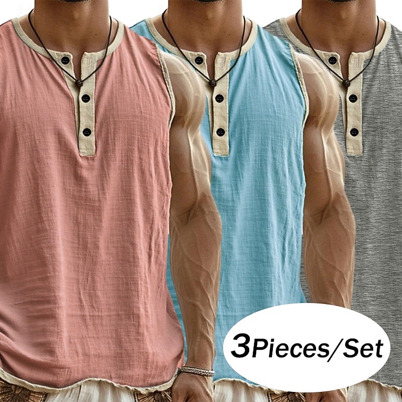 3-delt flerpakning singlet for menn, singlet, ermeløs, henley-skjorte, sommer, enkel, motedesigner, enkel, avslappet, ferie, gate, abc-topp, t-skjorte for menn 2026 - $37.99 –P1