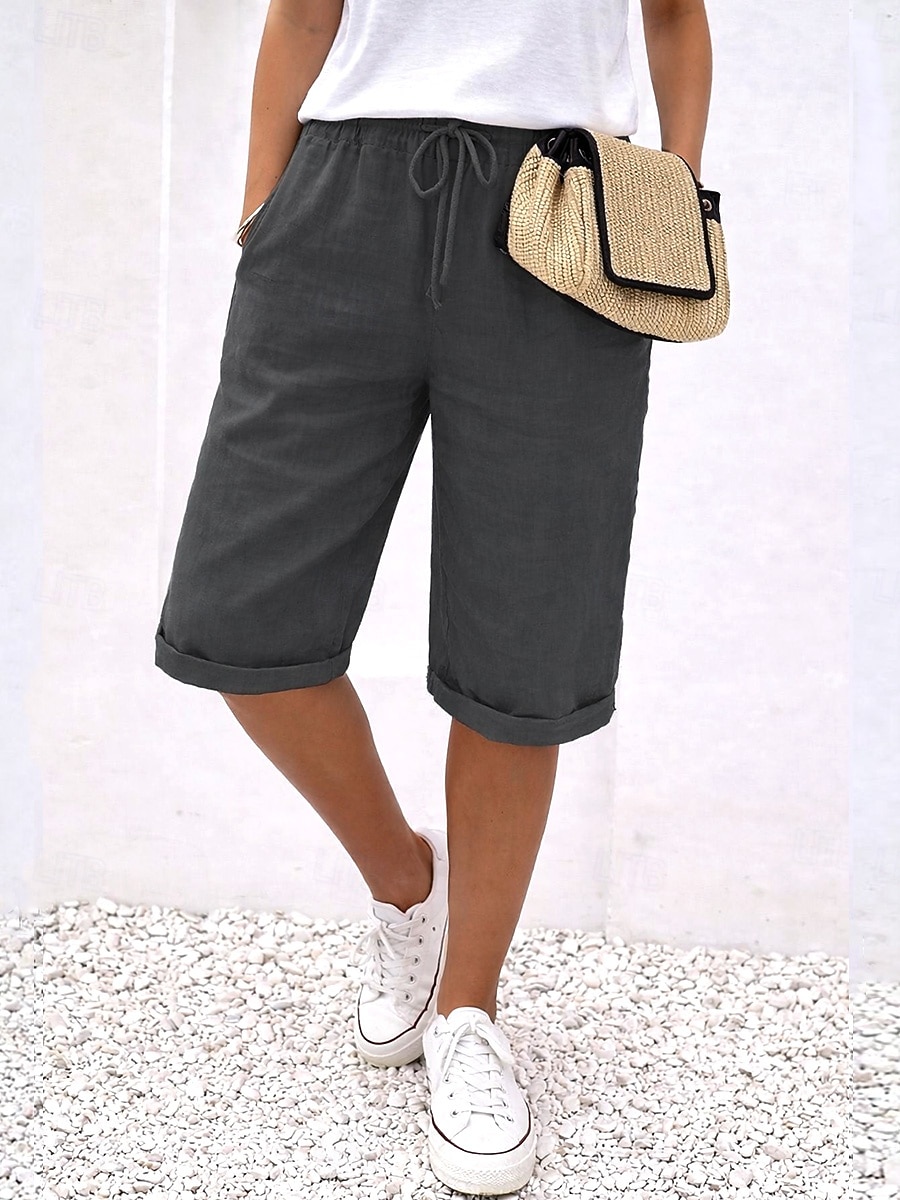 Dames Katoenen linnen shorts Capri broeken Vrijetijdsbroek Zomer korte broeken Vakantie Basic Knielengte Medium Taille Effen Comfortabel Inelastisch Donker Grijs Zwart Wit Oranje Zomer Lente 2026 - $21.99 –P10