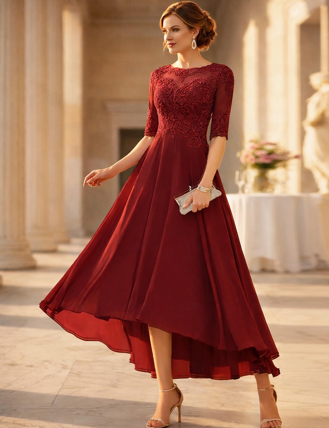 Linea ad A Lunghezza alla caviglia Vestito da Festa Abito da Cocktail Abito da invitata a nozze Abito da cerimonia per signora Mezza Manica Girocollo Elegante Ospite di nozze Ricevimento di del 2026 a $172.99 –P1