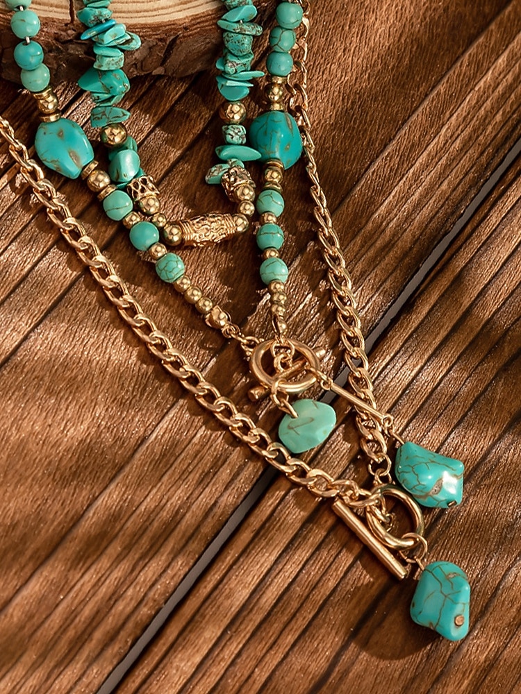 Boho-Chic-Schmuckset für Damen, bestehend aus mehrlagigen Halsketten aus einer Legierungskette und türkisfarbenen Perlenanhängern – Vintage-Schmuck für Damen, perfekt für Alltag, Urlaub, Strand und Partys. 2026 - $11.99 –P7