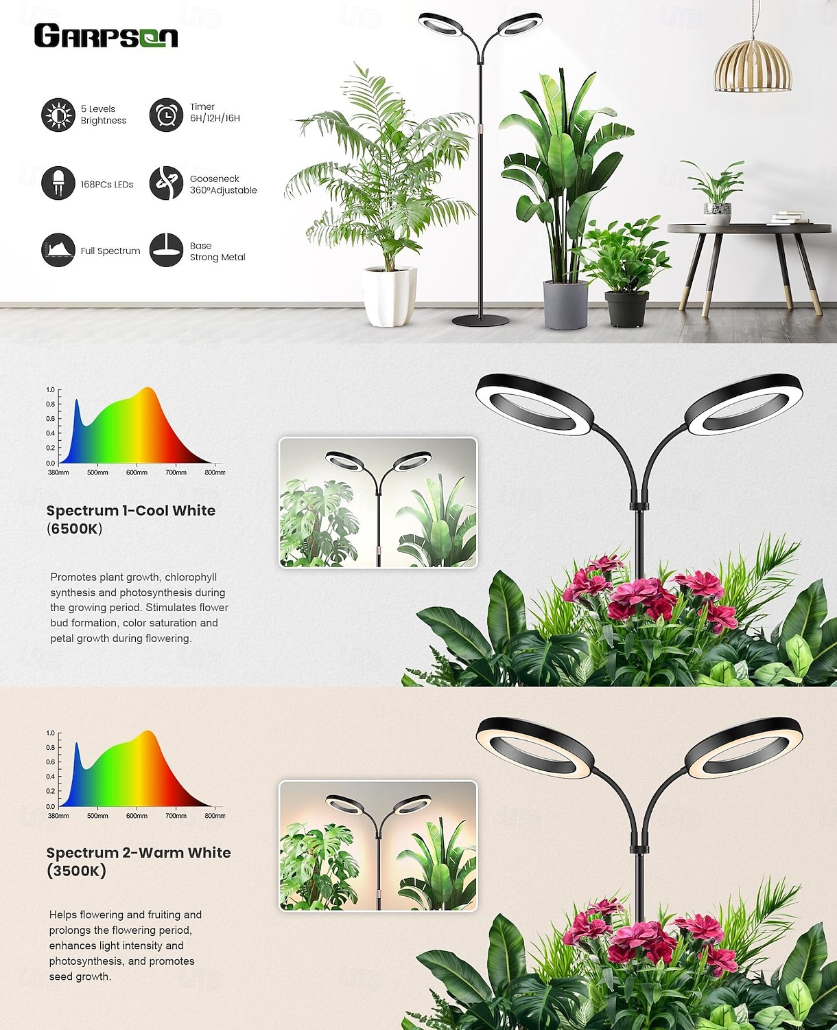 6-Inch Dual-Head Angel Ring Grow Light, 3 Color Modes with Timer (3/9/12H), 10 Dimmable Levels, 168 LEDs, 67'' Height Adjustable, Full Spectrum for Indoor Plants, Succulents, EU/US Plug 2026 - $57.99 –P1