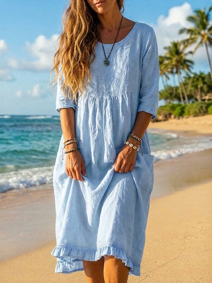 Damen Midikleid Kleider in Leinenoptik Shiftkleid Sommerkleid Strandkleid Urlaub Basic Ferien Wochenende Lässiger Schnitt Einfach Dreiviertelarm Rundhalsausschnitt Blau Schwarz Grün Aprikose Sommer 2026 - $25.99 –P1
