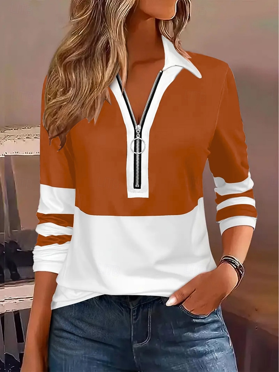 Women's Blouse Zipper Striped Stylish Casual Long Sleeve Turndown Regular Tops Daily Blue Black Wine Brown Green Spring Fall 2026 - $22.99 –P14