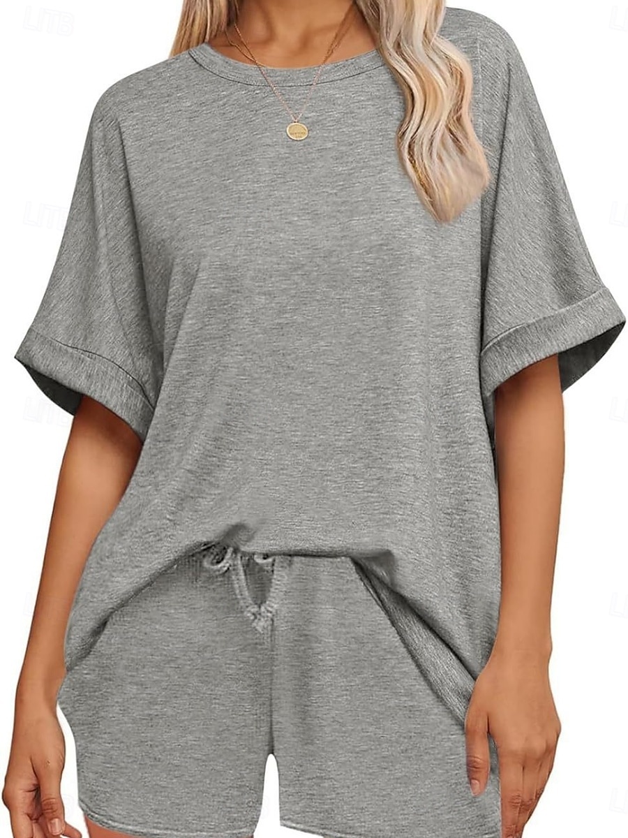 Dam Set med shorts Bolero Top Kortärmad Rund hals Ensfärgat Snörning Mode Streetwear Ledigt Dagligen Utomhus Blå Svart Brun Sommar Lös passning 2026 - $31.99 –P5