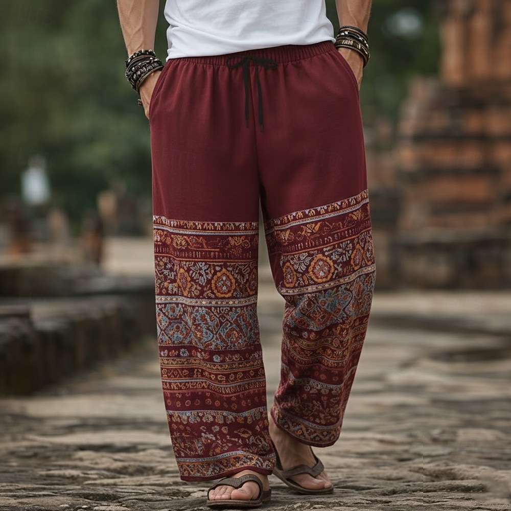 Men's Floral Print Ethnic Trousers Baggy Pants Casual Pants Mid Waist Boho Vintage Retro Home Outdoor Vacation Elastic Drawstring Waist Linen-Like Pants with Pockets Summer Spring 3D Print Blue Wine 2026 - $27.99 –P4
