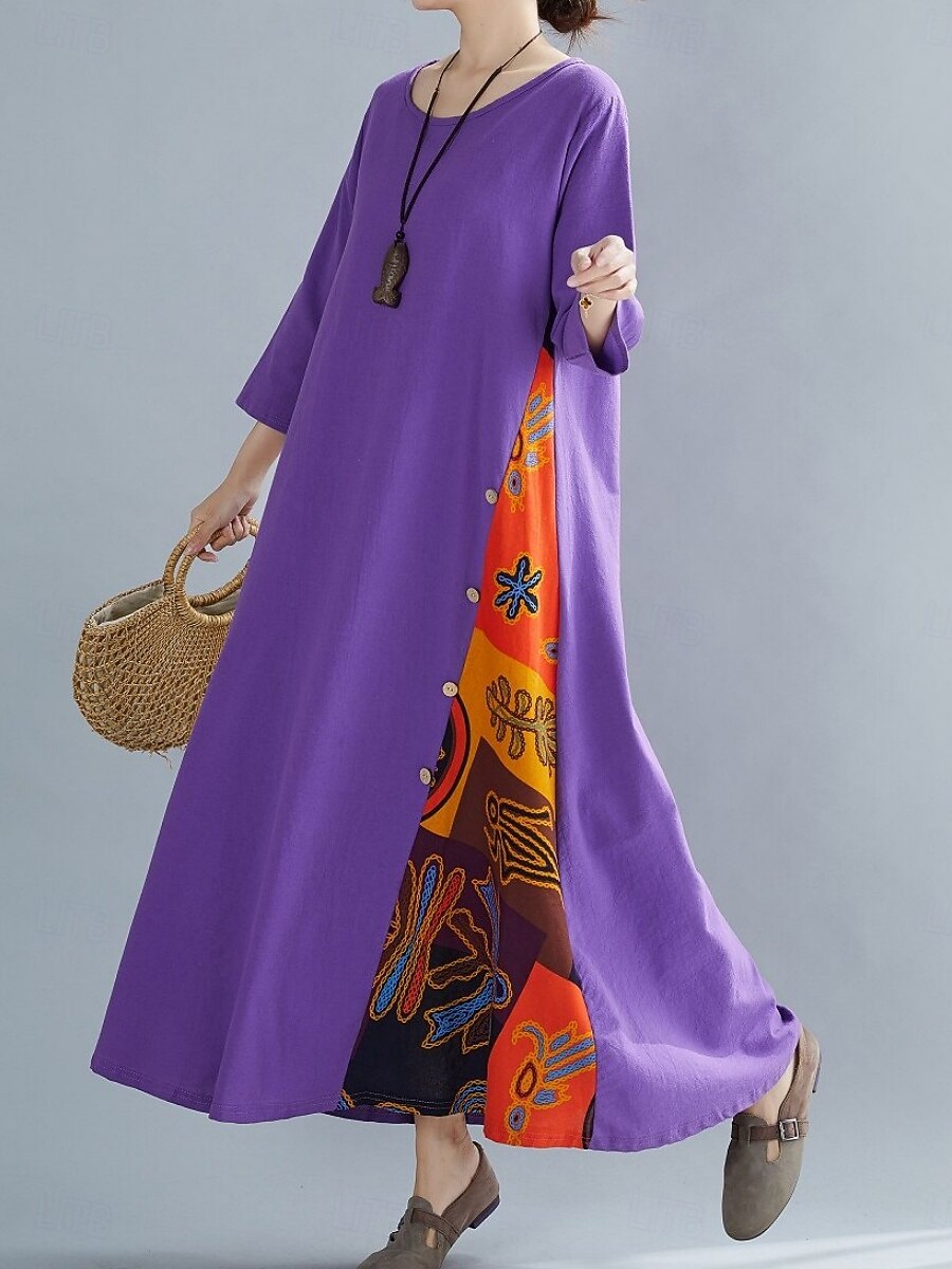 Robe maxi en lin pour femme faux coton robe décontractée coupe ample graphique floral manches 3/4 col rond noir jaune rouge violet été printemps de 2026 ? $22.99 –P9
