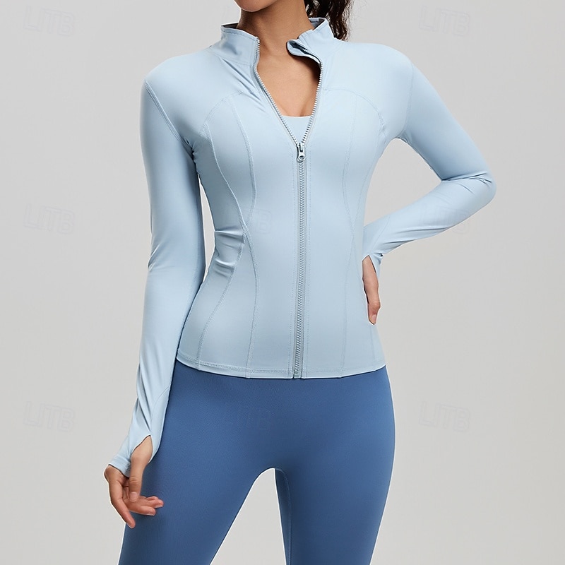 Dam Solid färg Joggingjacka Utomhusjacka Sportjacka Sommar Vår Höst Blixtlås i fullängd Smal Långärmad Snabb tork Lättvikt Elastisk Andningsfunktion Gym Löpning Träning Blå Rodnande Rosa Purpur 2026 - $23.99 –P2