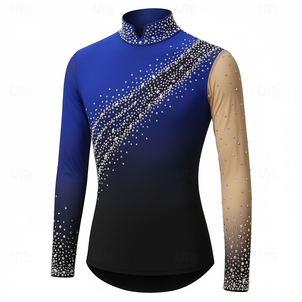 Figure Skating Top Men's Ice Skating Tops Blue Black Patchwork Stretchy Training Competition Skating Wear Classic Crystal / Rhinestone Long Sleeve Ice Skating Figure Skating 2026 - $265.49 –P1