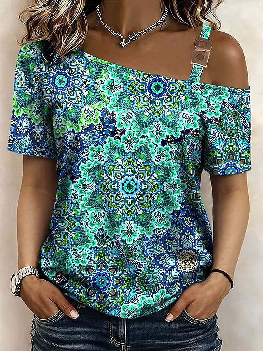 Women's T Shirt Tee Top Print Asymmetrical Graphic Geometric Abstract Vintage Fashion Stylish Short Sleeve One Shoulder Off Shoulder Asymmetric Neck Regular Tops Daily Going out Weekend Orange Green 2026 - $21.99 –P1