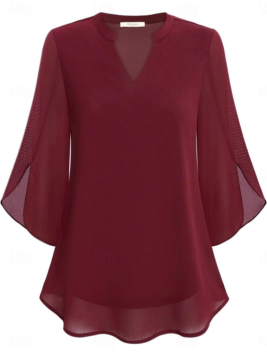 Women's Blouse Solid Color Elegant Stylish Casual 3/4 Length Sleeve V Neck Regular Tops Daily Pink Wine Red Royal Blue Green Summer Spring 2026 - $21.99 –P15