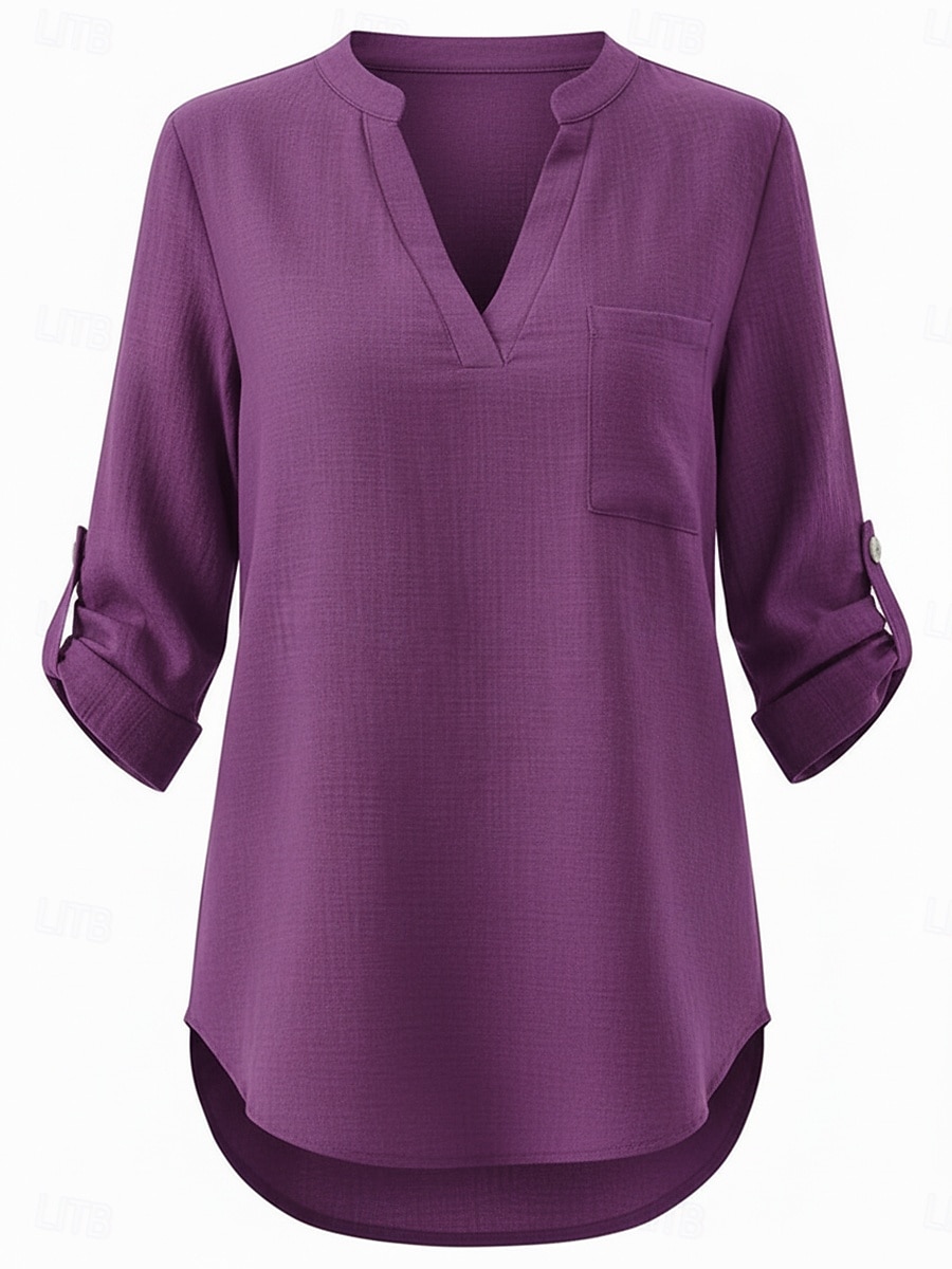 Per donna Camicie di cotone e lino Top estivi Blusa Top Eleganti Arricciato Patchwork Tasca Tinta unica Semplice Elegante Vintage Signore Manica 3/4 Colletto a Camicia Top Regolari Quotidiano Lavoro del 2026 a $22.99 –P2