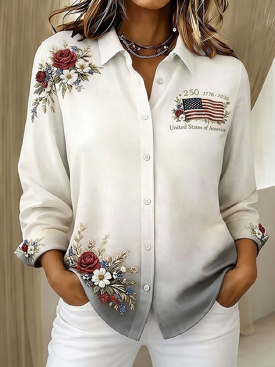 Jour de l'Indépendance Américaine Femmes Chemise Boutons Imprimé Fleuri Graphique Drapeau Élégant ancien Moderne manche longue Col de chemise Hauts Longs Quotidien Travail Bleu Vin Marron Vert Gris de 2026 ? $36.99 –P2
