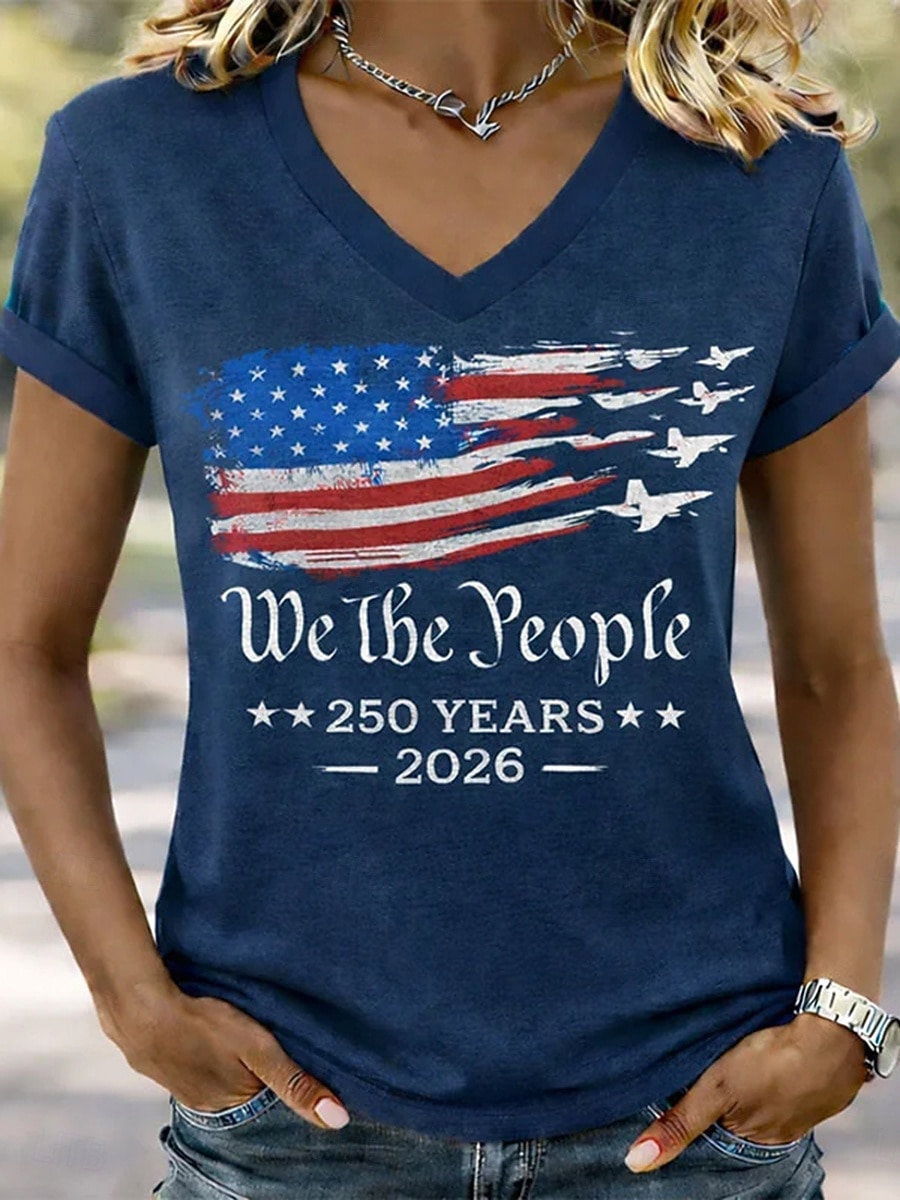 Ημέρα Αμερικανικής Ανεξαρτησίας Γυναικεία Μπλουζάκι Στάμπα Γραφική Σημαία Στυλάτο Κλασσικό Καθημερινό Κοντομάνικο Λαιμόκοψη V Κανονικά μπλουζάκια Καθημερινά Θαλασσί Καφέ Κόκκινο / Μπλε 2026 - $21.99 –P3