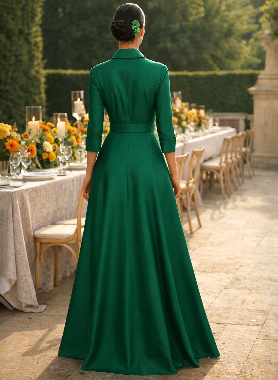 Corte A Hasta el Suelo Vestido de Camisa Vestido Invitada Boda Vestido formal Vestido de Madrina Manga 3/4 Cuello Camisero Elegante Boda Formal Tafetán Satén elástico con Abertura 2026 - $164.99 –P2