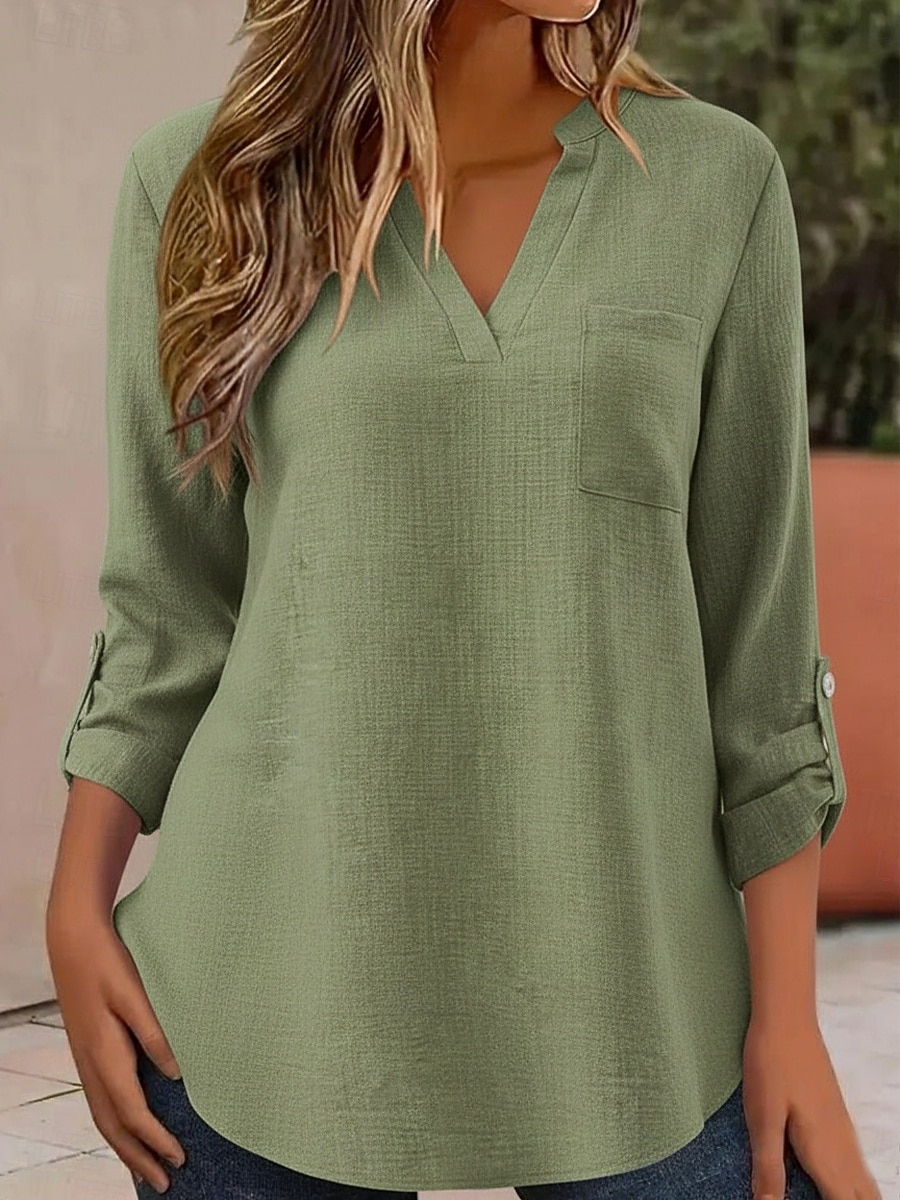 Mujer Camisas de algodón y lino Tops de verano Blusa Tops elegantes Frunce Retazos Bolsillo Color sólido Plano Elegante Vintage damas Manga 3/4 Cuello Camisero Tops regulares Diario Trabajo Noche 2026 - $22.99 –P6