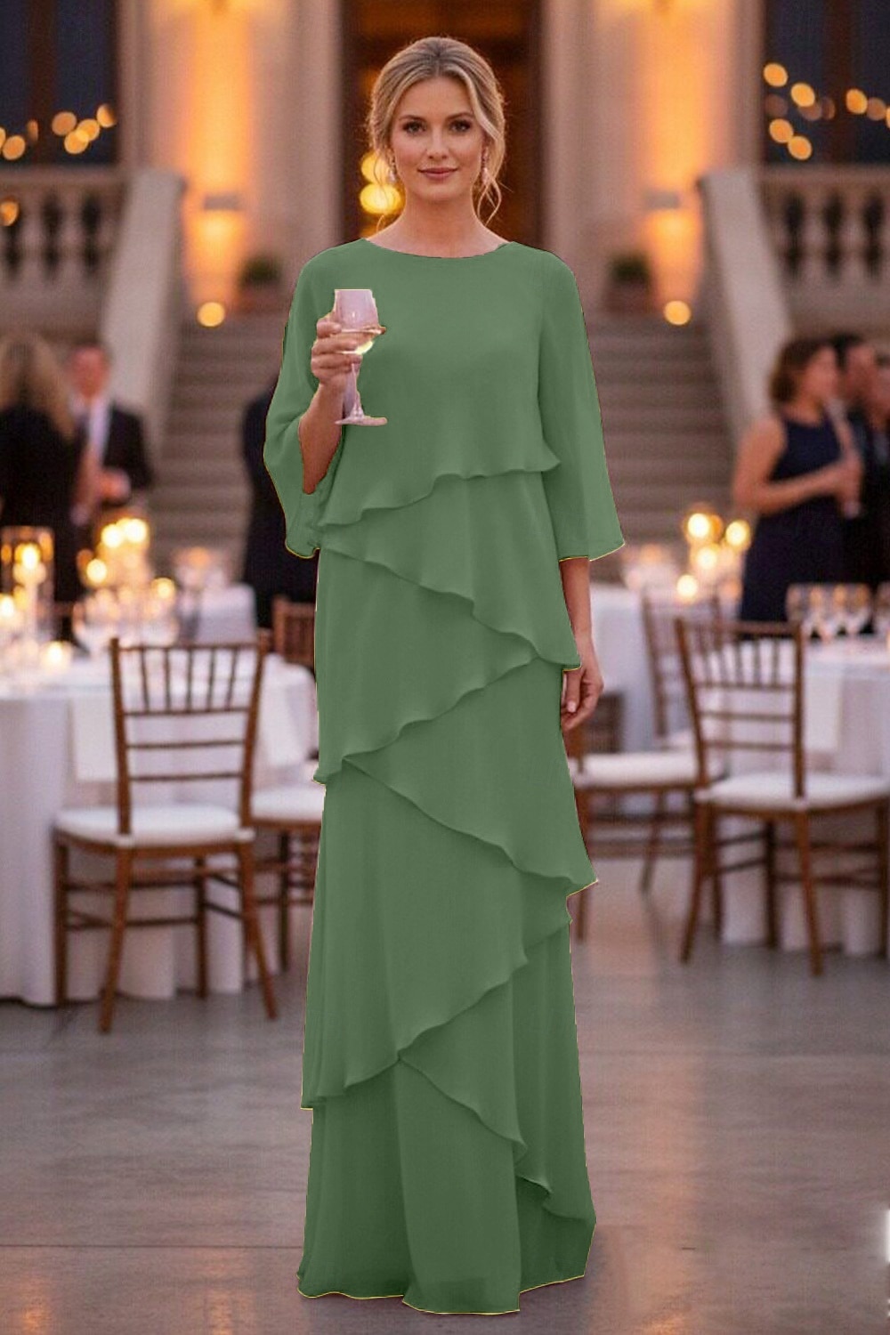 Schlauchkleid Bodenlang Kleid für Hochzeitsgäste Abendkleid Brautmutterkleid Dreiviertelarm Rundhalsausschnitt Elegant Formell Chiffon mit Rüschen 2026 - $89.99 –P10