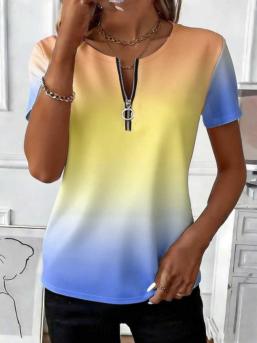 Damen T Shirt Reißverschluss Ombre Grafik Stilvoll Klassisch Lässig Kurzarm Rundhalsausschnitt Lange Oberteile Täglich Sport Wochenende Blau Gelb Rosa Purpur Grün Sommer Frühling 2026 - $21.99 –P2