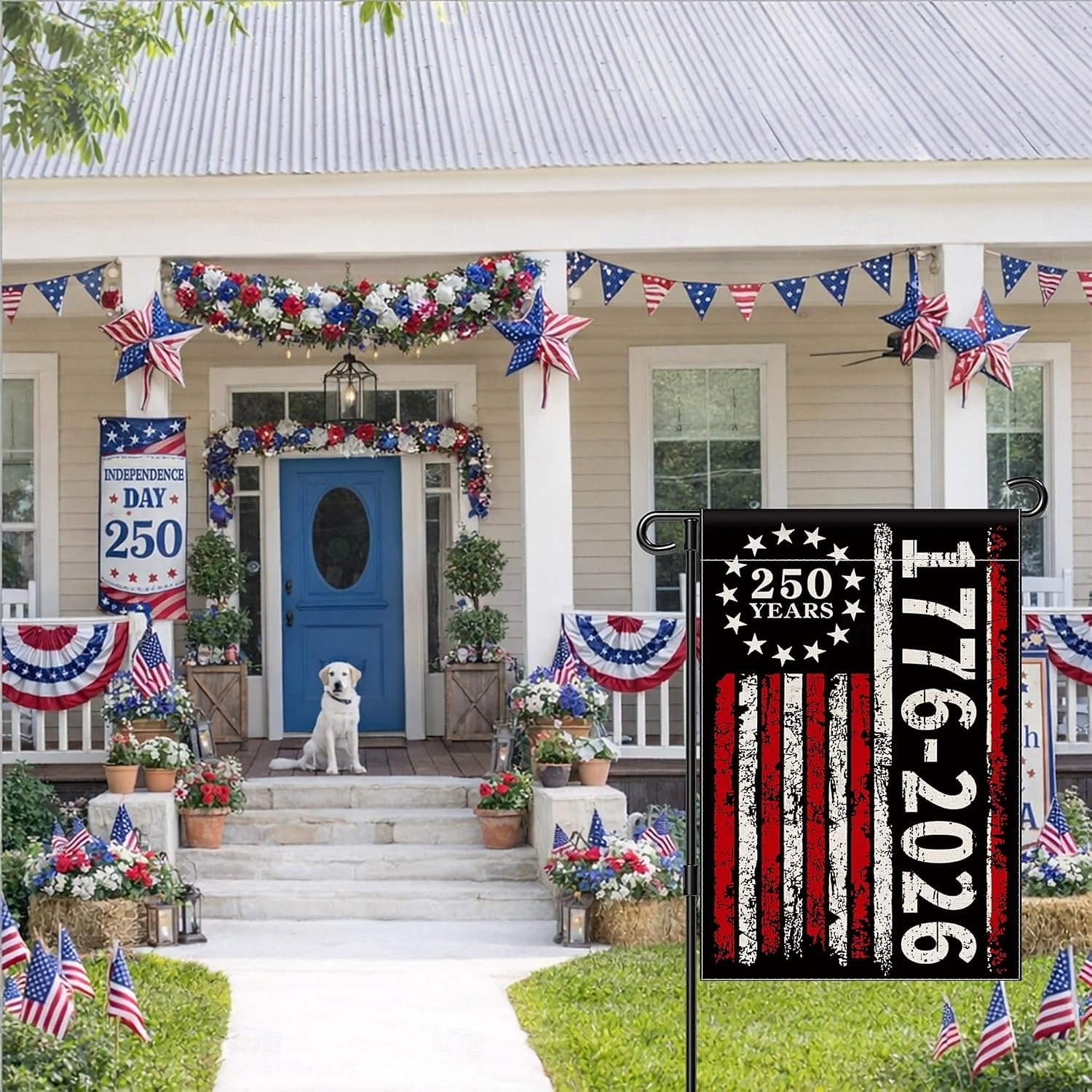 Banner de grădină vintage cu steagul american, aniversare de 250 de ani a SUA (1776-2026), cu design roșu, alb și negru, pentru decor exterior 2026 - $11.99 –P4