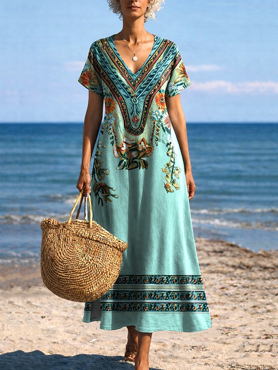 Femmes Robe Midi Robe d'Été Robe trapèze Vacances Occasionnel Boho Papillon Plage Coupe régulière Graphique Tribal Manche Courte Col Rond Bleu Bleu Ciel Or noir Noir Été Printemps de 2026 ? $27.99 –P9