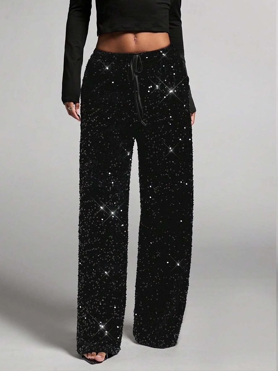 Mulheres Calças Calça casual Reto Moda Roupa de rua Básico Comprimento total Cintura Alta Tecido Paetês Bolsos Cintura elástica Confortável Micro-Elástica Diário Férias Festa Preto Azul Marinha Azul de 2026 por $44.99 –P6