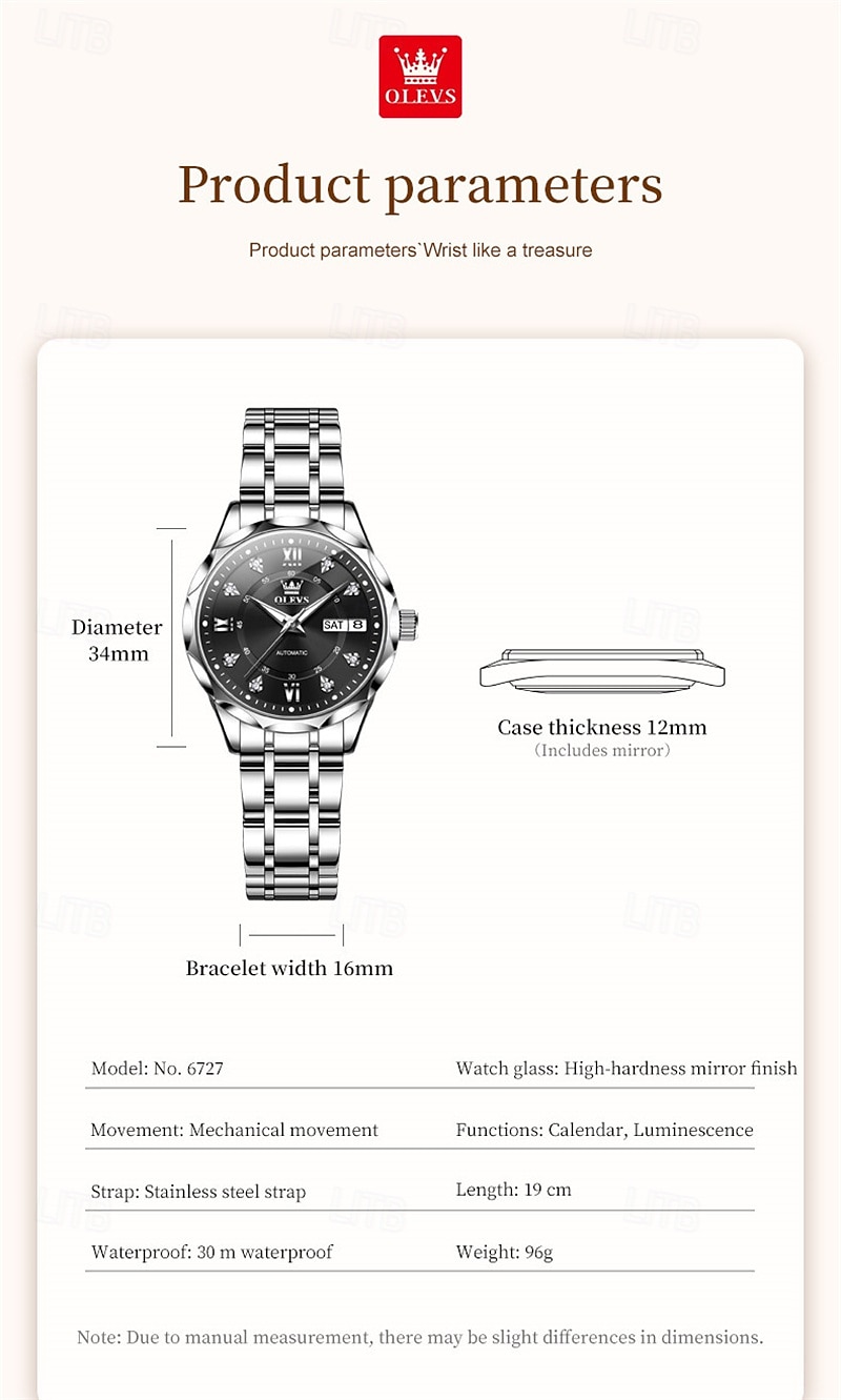 New Olevs Brand Ladies' Business Watch With Luminous Display, Calendar And Week Indication, Fully Automatic Mechanical Movement, Diamond-Set Rhombus Shape, Water-Resistant, Suitable For Casual And Spo 2026 - $94.99 –P10
