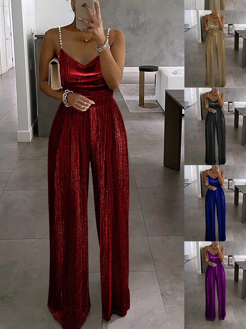 tuta normale da donna streetwear tinta unita senza maniche gamba larga scollo tondo paillettes festa ballo di fine anno vestibilità regolare blu nero vino estate del 2026 a $35.99 –P1