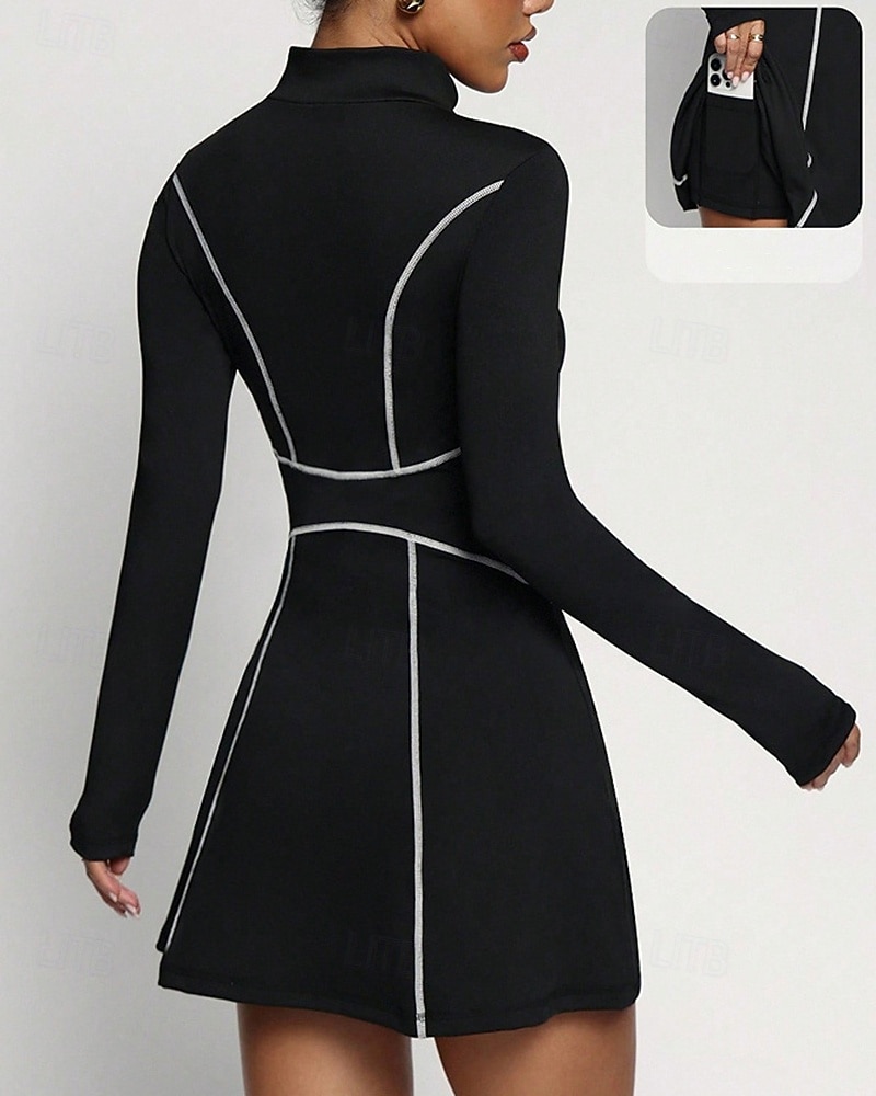 Per donna Tinta unita Abito da tennis con pantaloncini Abito sportivo Manica Lunga Con zip Tasca Elastico Traspirante Tennis Corsa Fitness Collo Alto Vestito Tuta Nero Abbigliamento da tennis del 2026 a $37.99 –P2