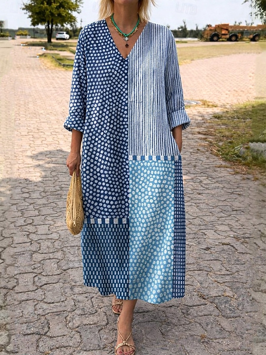 Abito Midi da Donna V Collo Maniche Lunghe Kaftan Leggero Comodo A Line Abito Casual Boho Uscita Grafica Geometrica Strisce Maniche Lunghe V Collo Arancione Rosso Nero Giallo Rosa del 2026 a $37.99 –P3