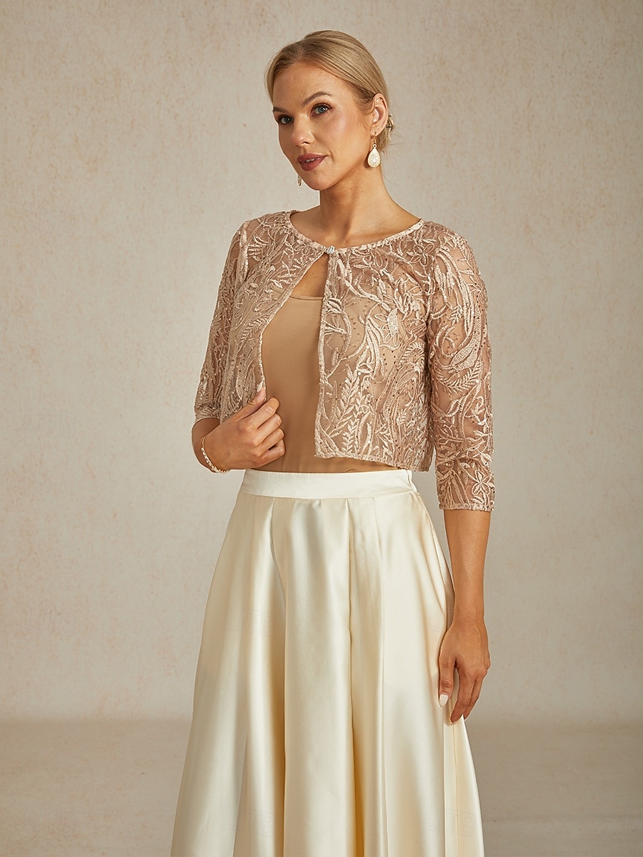 2026年 女性用 ジャケット パーティー レース フラワー カジュアル／普段着 エレガント レギュラー アウターウェア 七分袖 夏 シャンパン S  コレクション – $68.99 –P1