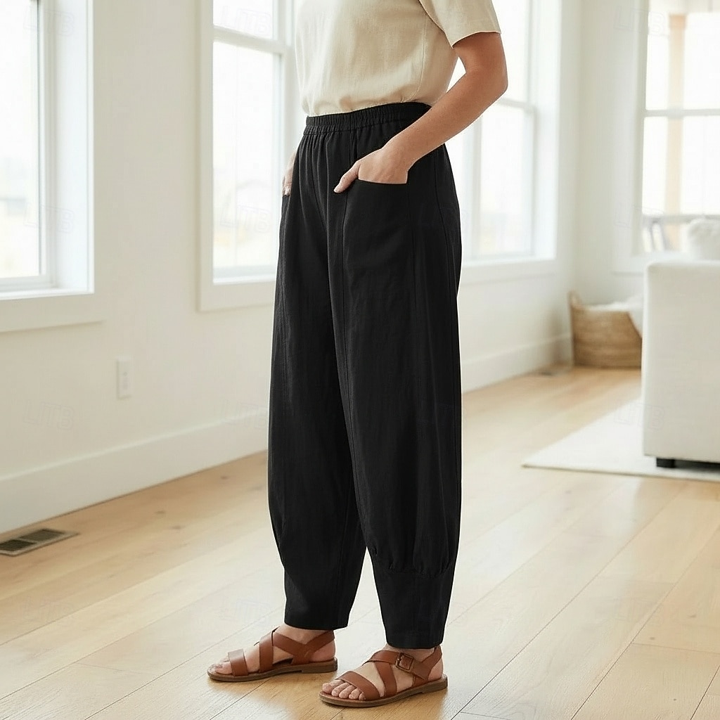 Damen-Leinenhose aus 70 % Leinen, weites Bein, Chino-Stil, Sommerhose, Urlaubshose, Streetwear, Basic, lange Länge, mittlere Bundhöhe, schlicht, Tasche, elastischer Bund, bequem, komfortabel, nicht elastisch, für Alltag, Outdoor, Straße, Bordeauxrot, Azur 2026 - $49.99 –P19