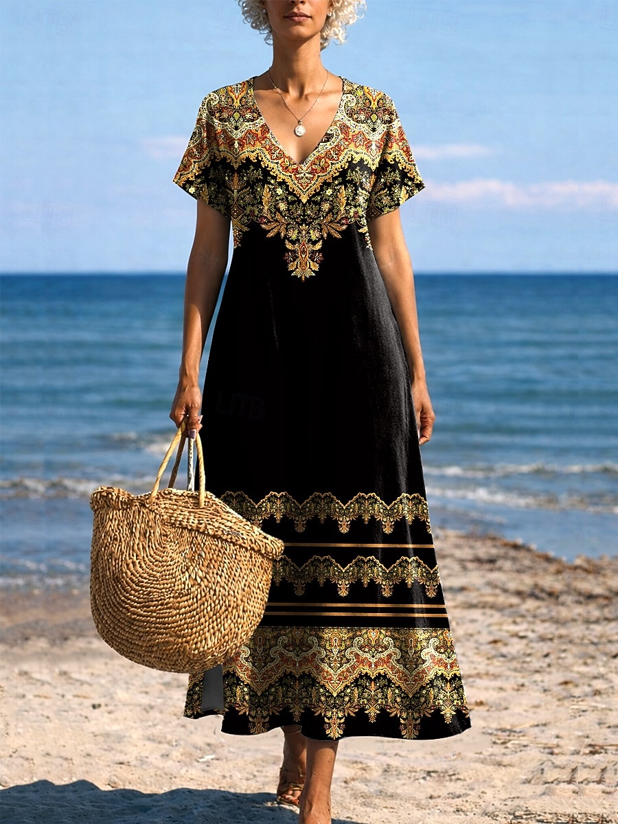 Femmes Robe Midi Robe d'Été Robe trapèze Vacances Occasionnel Boho Papillon Plage Coupe régulière Graphique Tribal Manche Courte Col Rond Bleu Bleu Ciel Or noir Noir Été Printemps de 2026 ? $27.99 –P4