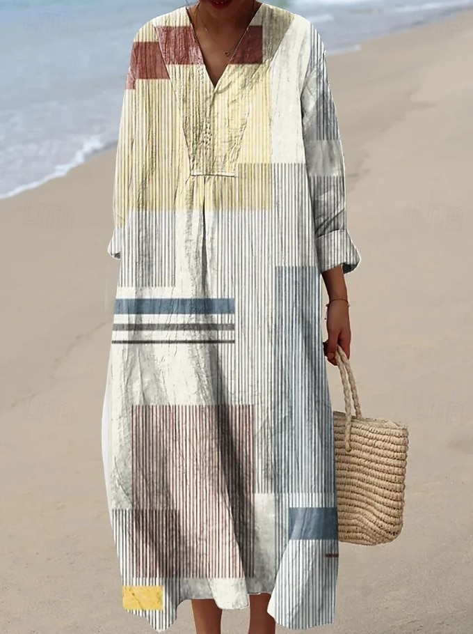 Women's Maxi Dress Sundress Shift Dress Vacation Casual Beach Going out Loose Fit Graphic Geometric Abstract Long Sleeve V Neck Blue Brown Khaki Summer Spring 2026 - $37.99 –P1