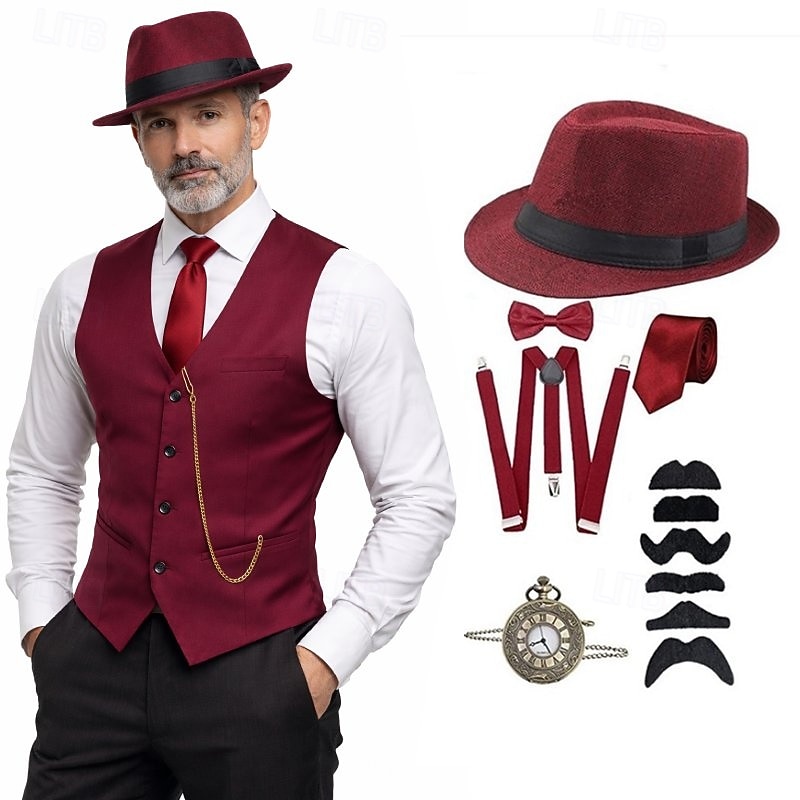 Roaring jaren '20 Jaren 1920 Retro vintage Outfits Hesje Accessoireset Heer Gangster Kostuum Voor heren Carnaval Maskerade Cocktailparty Thema feest Volwassenen Das Ves Meer Accessoires 2026 - $71.99 –P6