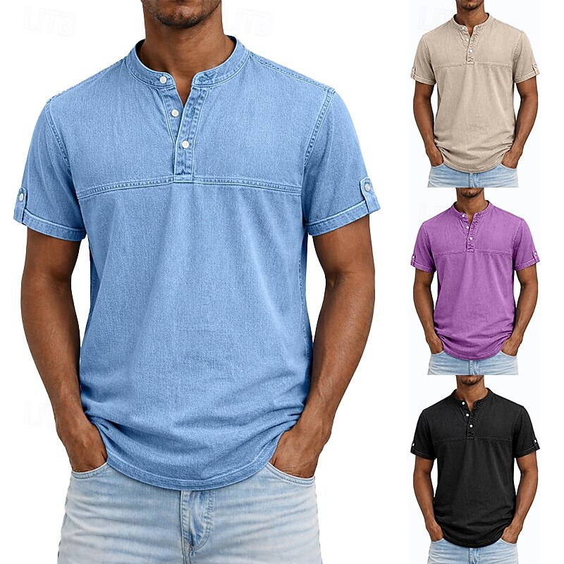 Pánské Tričko Henley Košile ze 100% bavlny Krátký rukáv Bez vzoru Retro Na běžné nošení Retro styl Barvení oděvů Vyprané Henley Ležérní Jaro léto Léto Jaro Fialová Tričko Henley 2026 - $31.99 –P1