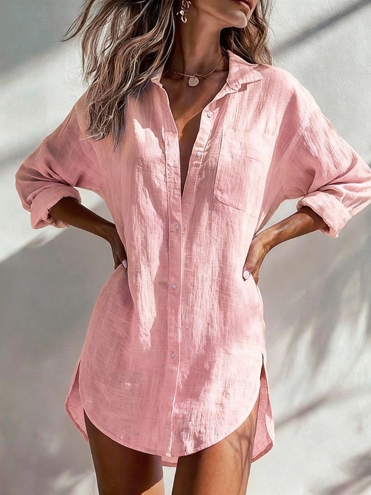Mulheres Blusa Camisa de algodão 100% Algodão Botões Côr Sólida à moda Básico Casual Manga Longa Colarinho de Camisa Tops longos Diário Azul Branco Rosa Verde Damasco Verão Primavera Outono de 2026 por $12.99 –P4