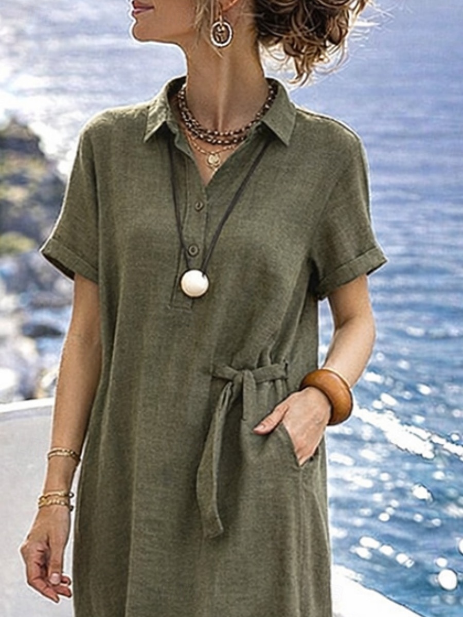 Per donna Abito maxi Abito a trapezio Abito Estivo Casual Quotidiano Vestibilità regolare Semplice Manica Corta Bavero Nero Grigio scuro Verde militare Estate del 2026 a $24.99 –P4